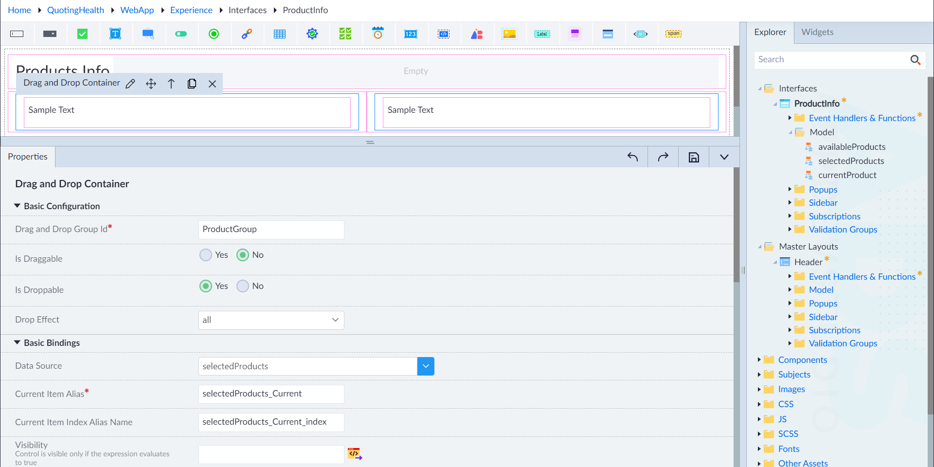 Drag and drop container configuration