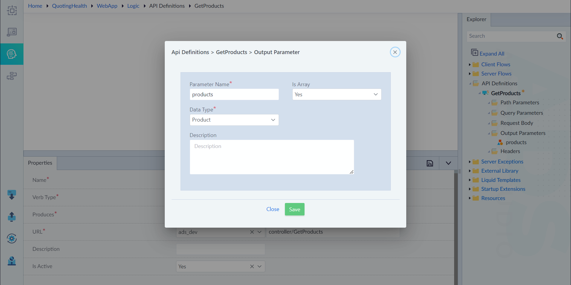 Output parameter configuration