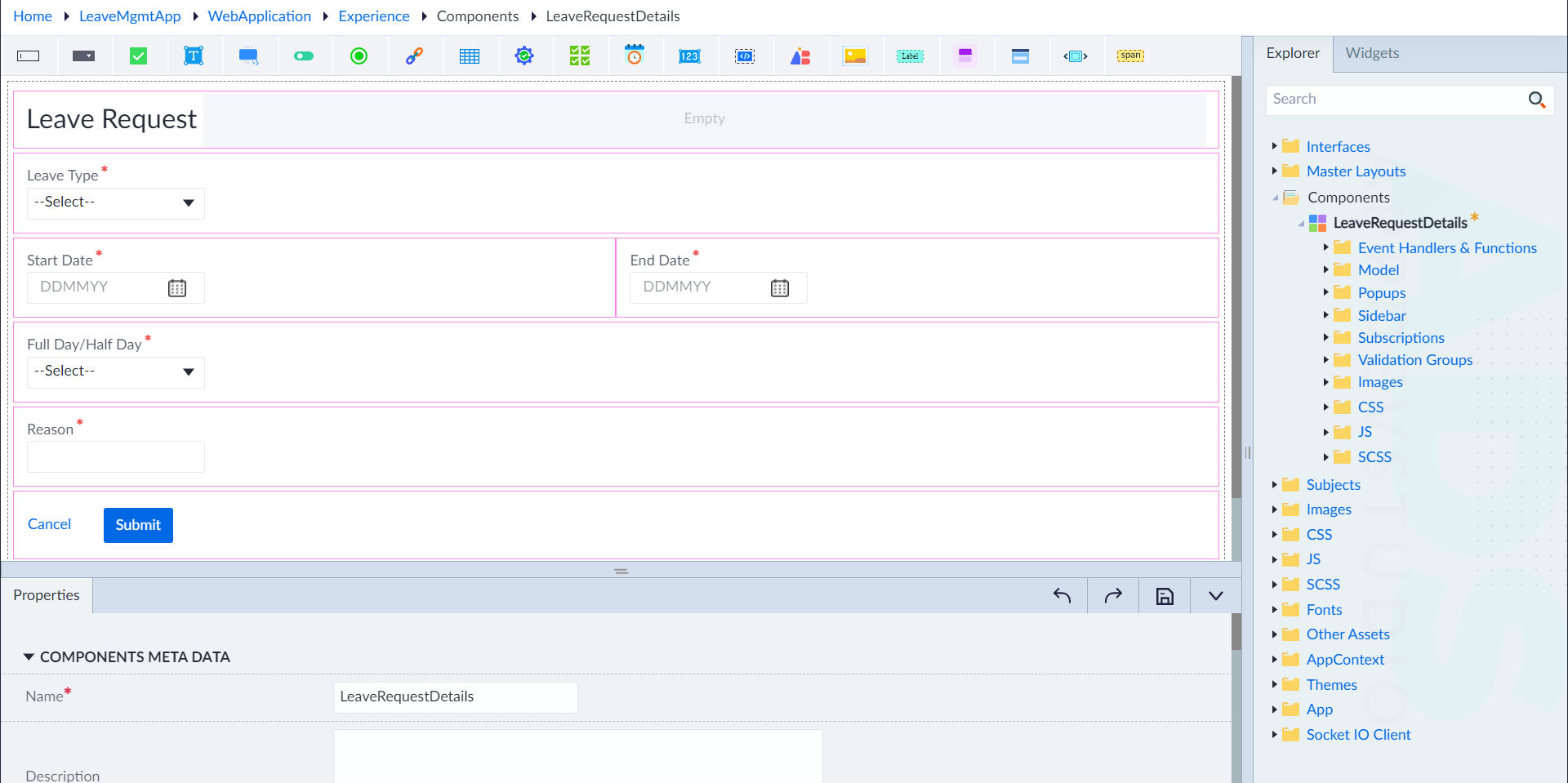 Event emitter component configuration